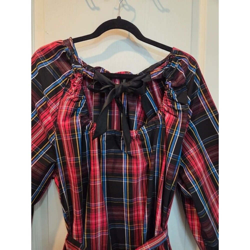 Draper James RSVP Red Plaid Tie back Neck Tiered Dress Pockets 2X